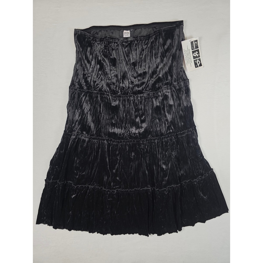 Vintage Velvet Broomstick Pleated Tiered Midi Skirt Large Black Whimsigoth Y2K